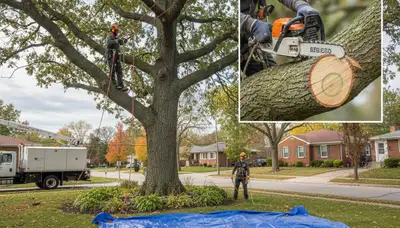 Arborist removing dead branches with safety gear during tree trimming in Cleveland, OH