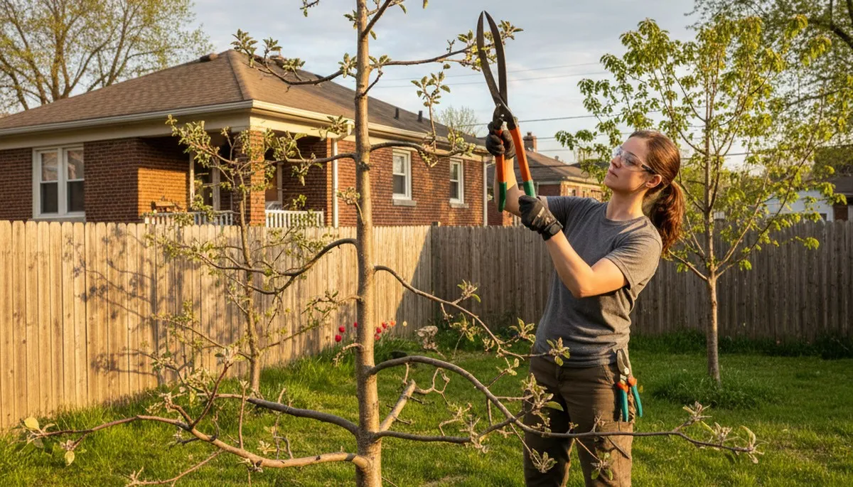 Arborist pruning fruit tree in Cleveland OH backyard orchard for healthy growth and improved yield