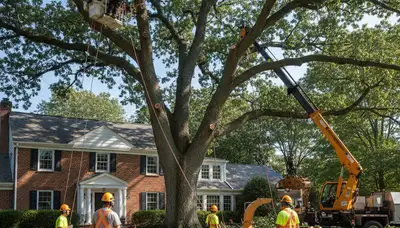 Arborists using bucket truck for large tree removal at Bedford home near Cleveland, OH