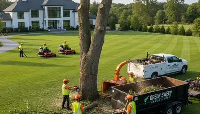 Professional tree and lawn service team working in Cleveland, OH yard