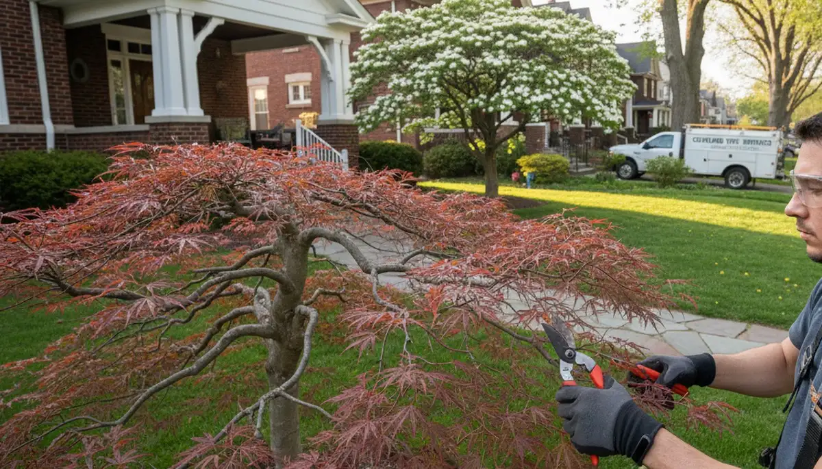 Arborist performing ornamental tree pruning on Japanese maple in Cleveland, OH residential landscape