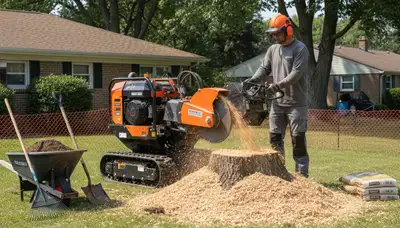 Professional stump grinding removing tree stumps on Bedford, OH property near Cleveland tree removal experts
