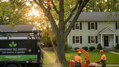 Professional tree removal service in Cleveland, OH safely cutting large trees for local property maintenance
