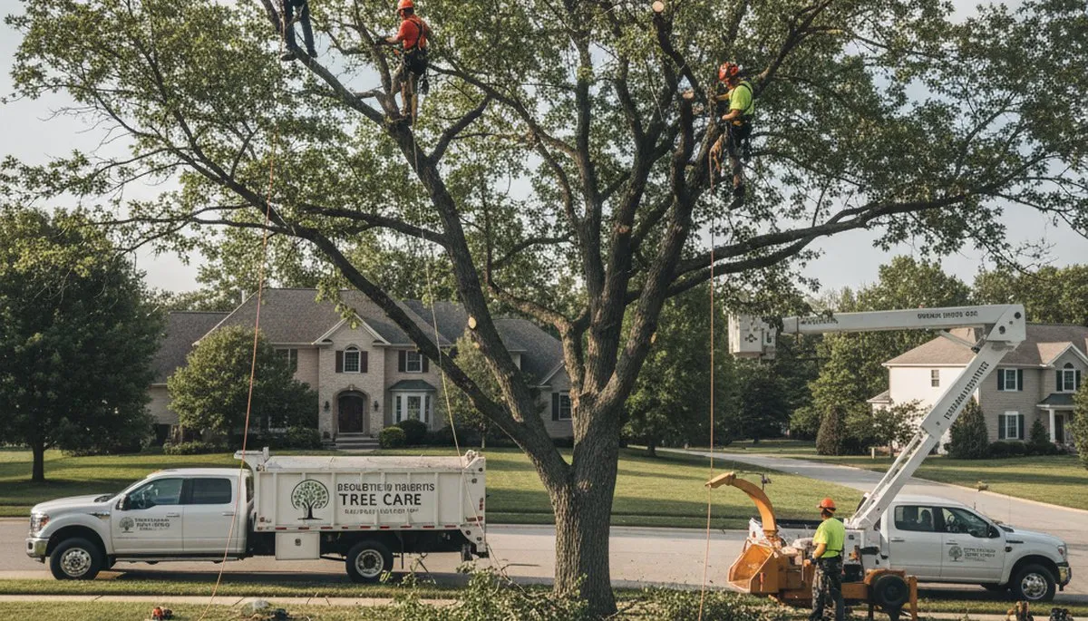 Professional tree removal service in Cleveland, OH safely cutting and clearing large backyard trees