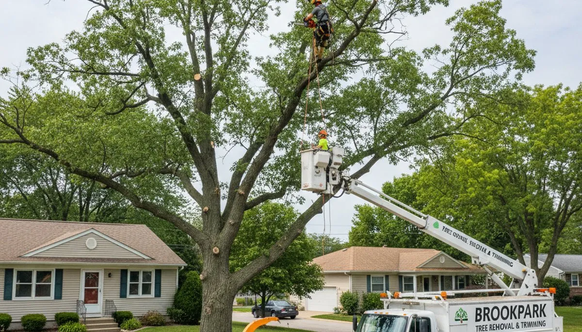 Professional tree removal service in Cleveland, OH safely clearing large trees for homeowners