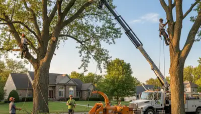 Professional tree removal service in Cleveland, OH safely clearing large oak near residential property