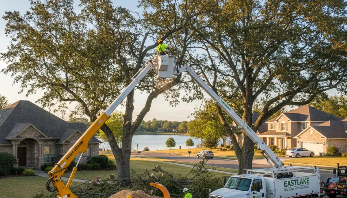 Professional tree removal service in Cleveland, OH safely cutting and clearing large oak tree