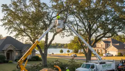 Professional tree removal service in Cleveland, OH safely cutting and clearing large oak tree