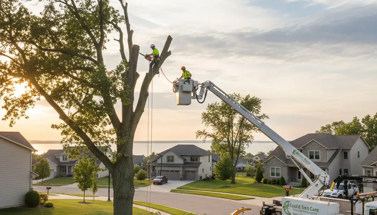 Professional tree removal service in Cleveland, OH safely cutting and clearing large oak tree