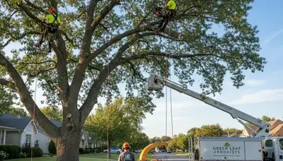 Arborist trimming oak tree branches in Cleveland, OH for Chop Chop Tree professional tree care service
