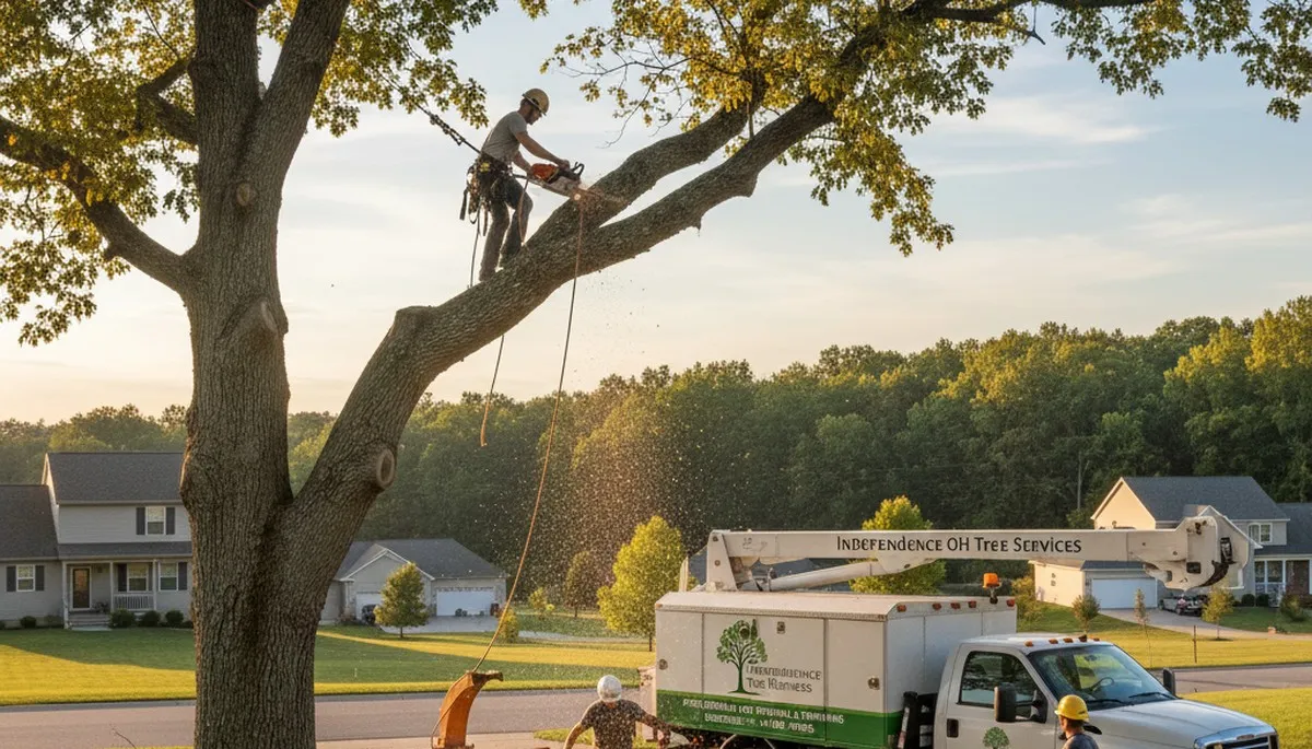 Professional tree removal service in Cleveland, OH safely cutting and clearing large oak tree