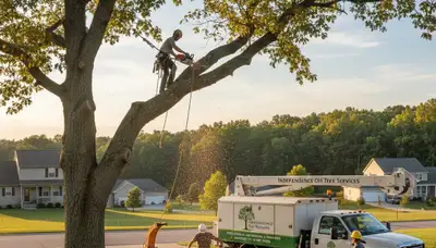 Professional tree removal service in Cleveland, OH safely cutting and clearing large oak tree