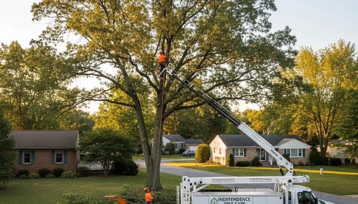 Professional tree removal service in Cleveland, OH safely clearing large oak near residential home