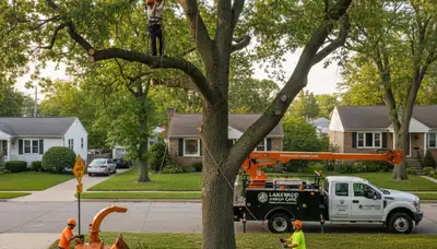 Professional tree removal service in Cleveland, OH safely cutting and clearing large backyard trees