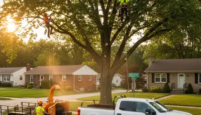 Professional tree removal service in Cleveland, OH by licensed arborists trimming large oak tree