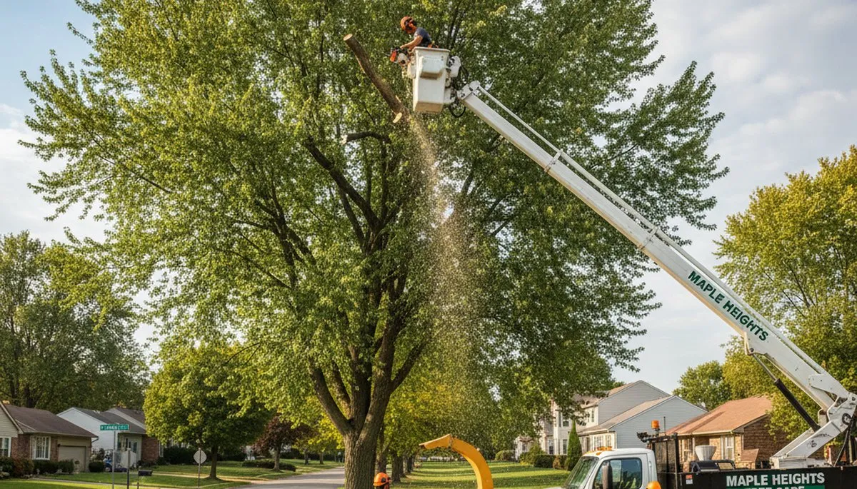 Professional tree removal service team working safely in Cleveland, Ohio neighborhood