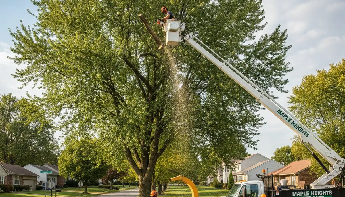 Professional tree removal service team working safely in Cleveland, Ohio neighborhood