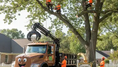 Professional tree removal service crew working safely in Cleveland, Ohio residential neighborhood