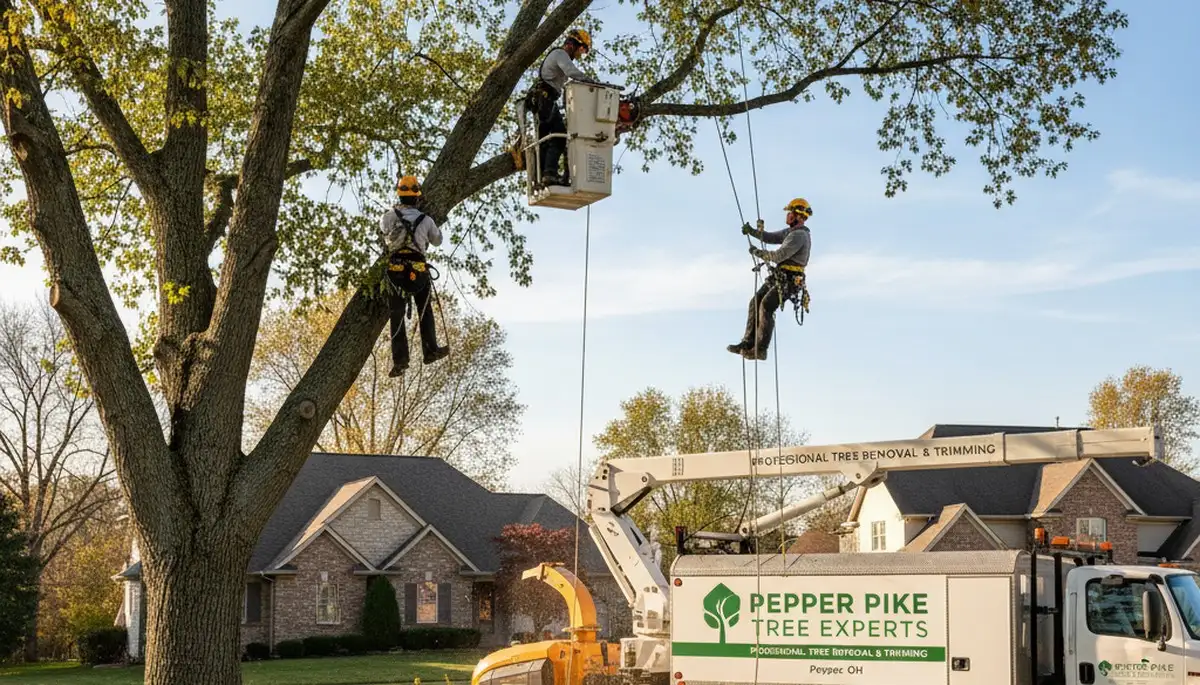 Professional tree removal service in Cleveland, OH by expert arborists safely cutting large trees