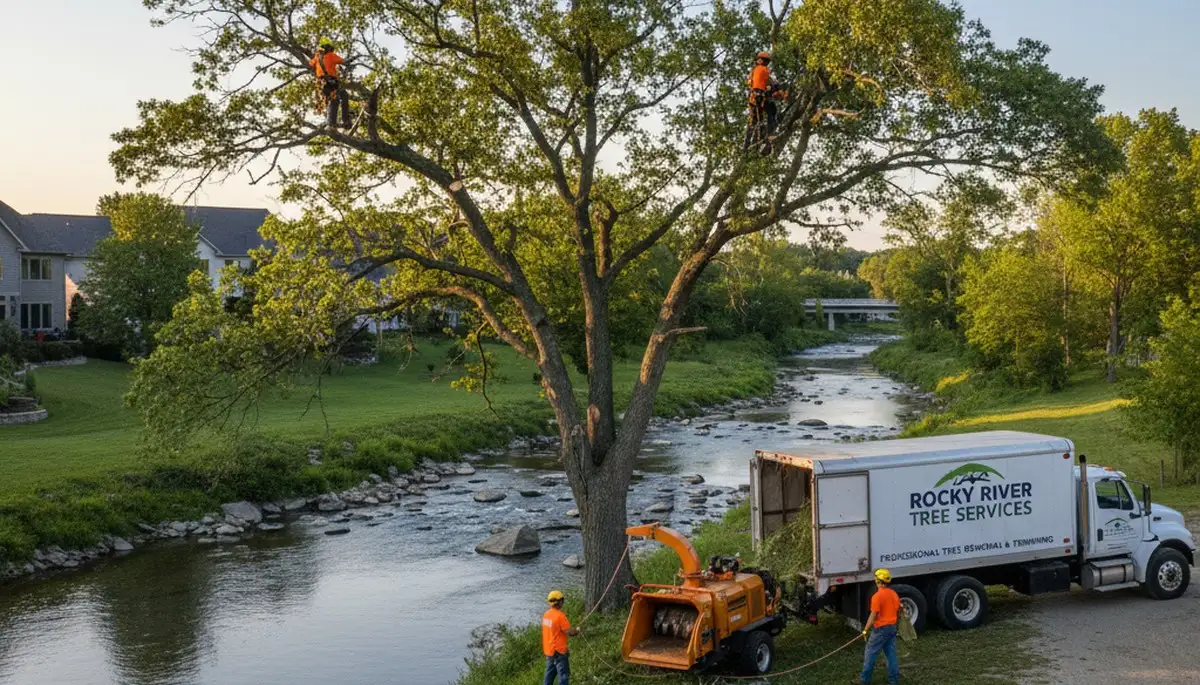 Professional tree removal service in Cleveland, OH safely cutting large tree near residential property
