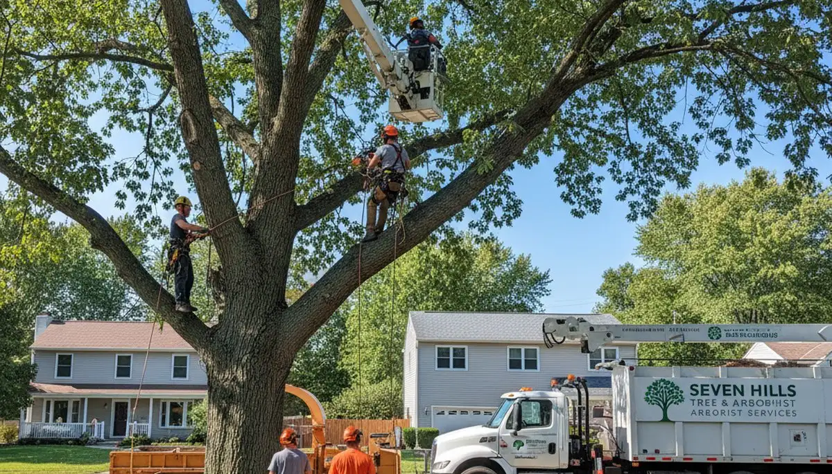 Professional tree removal service in Cleveland, OH safely cutting and clearing large backyard tree