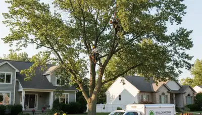 Professional tree removal service in Cleveland, Ohio safely clearing large trees from residential property